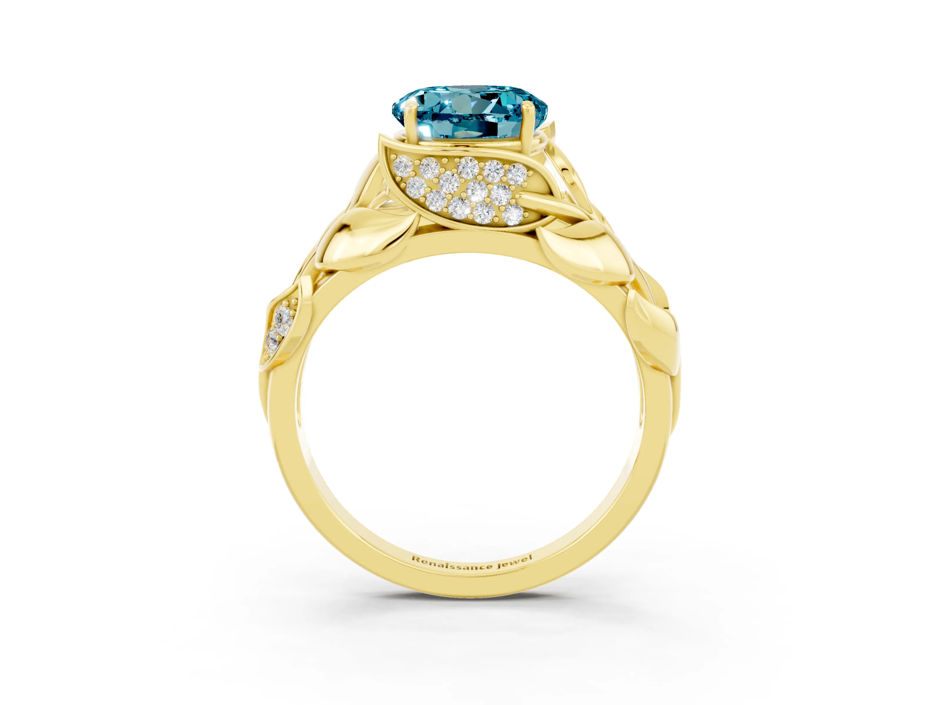 Yellow gold Round Cut Solitaire Leaf-Inspired Engagement Ring with Prong Setting_3