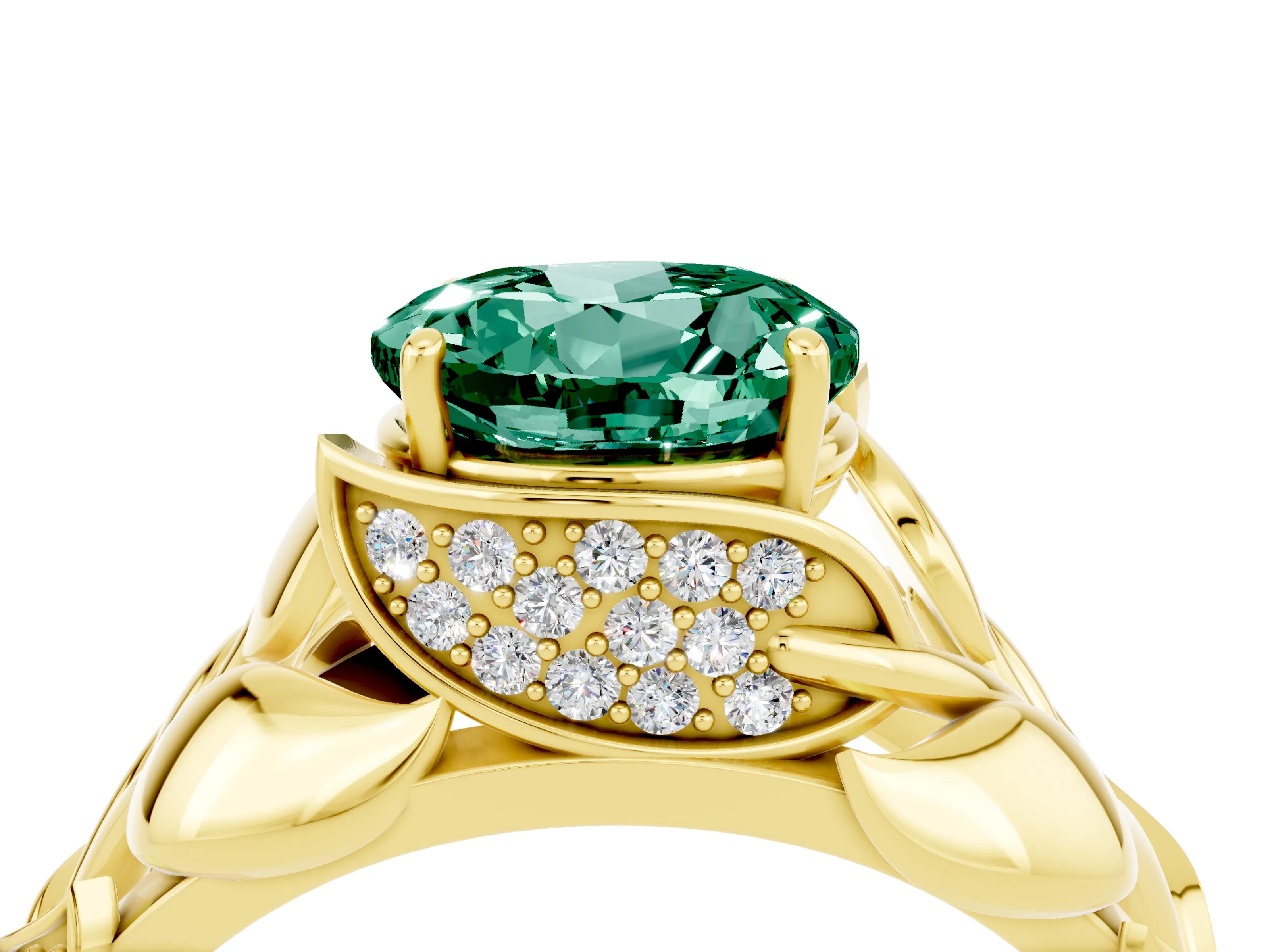 Yellow gold Round Cut Solitaire Leaf-Inspired Engagement Ring with Prong Setting_4
