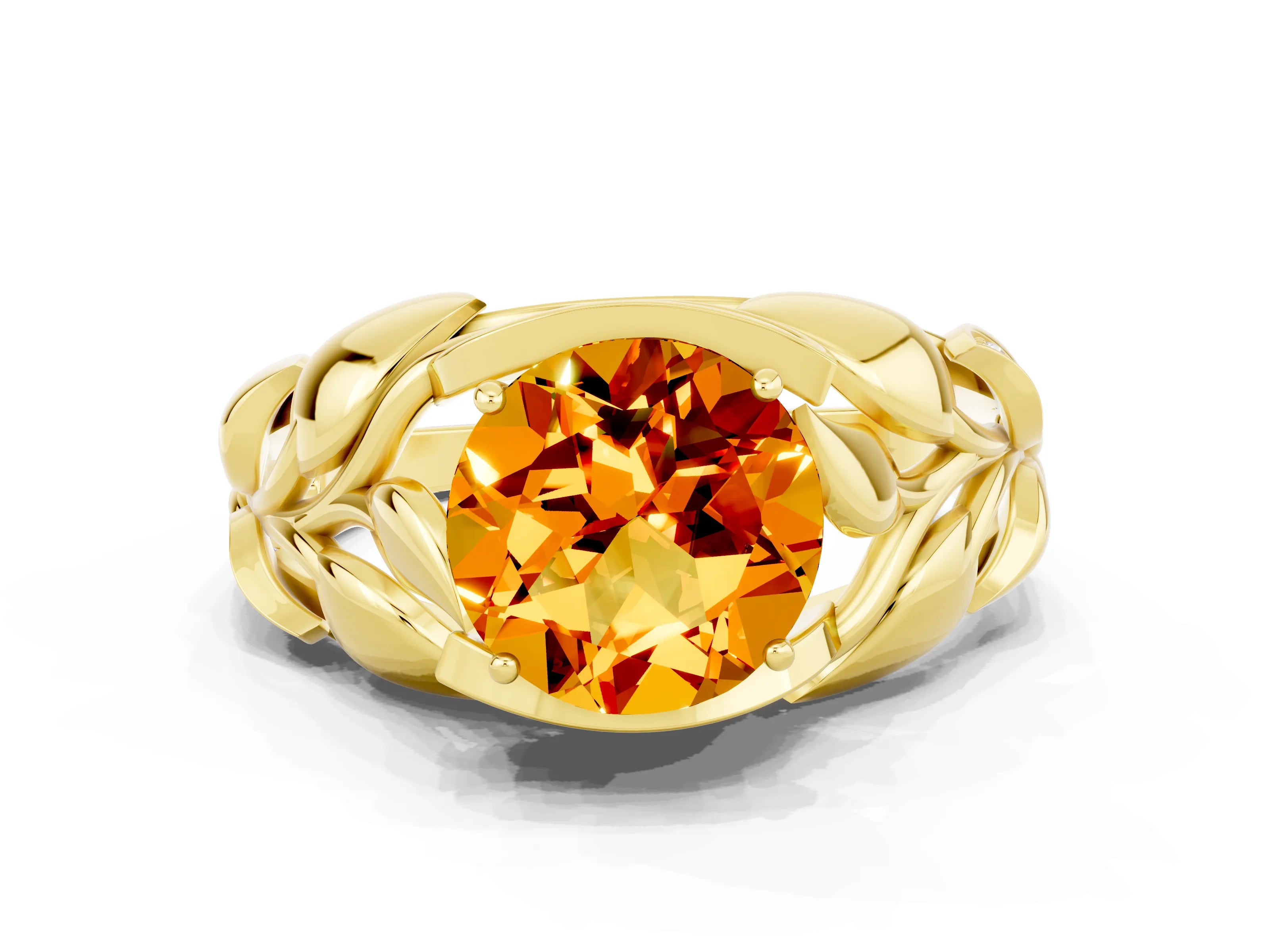 Yellow gold Round Cut Solitaire Leaf-Inspired Engagement Ring with Prong Setting