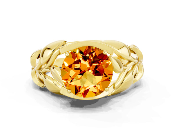 Yellow gold Round Cut Citrine Leaf-Inspired Engagement Ring with Round Accents and Prong Setting