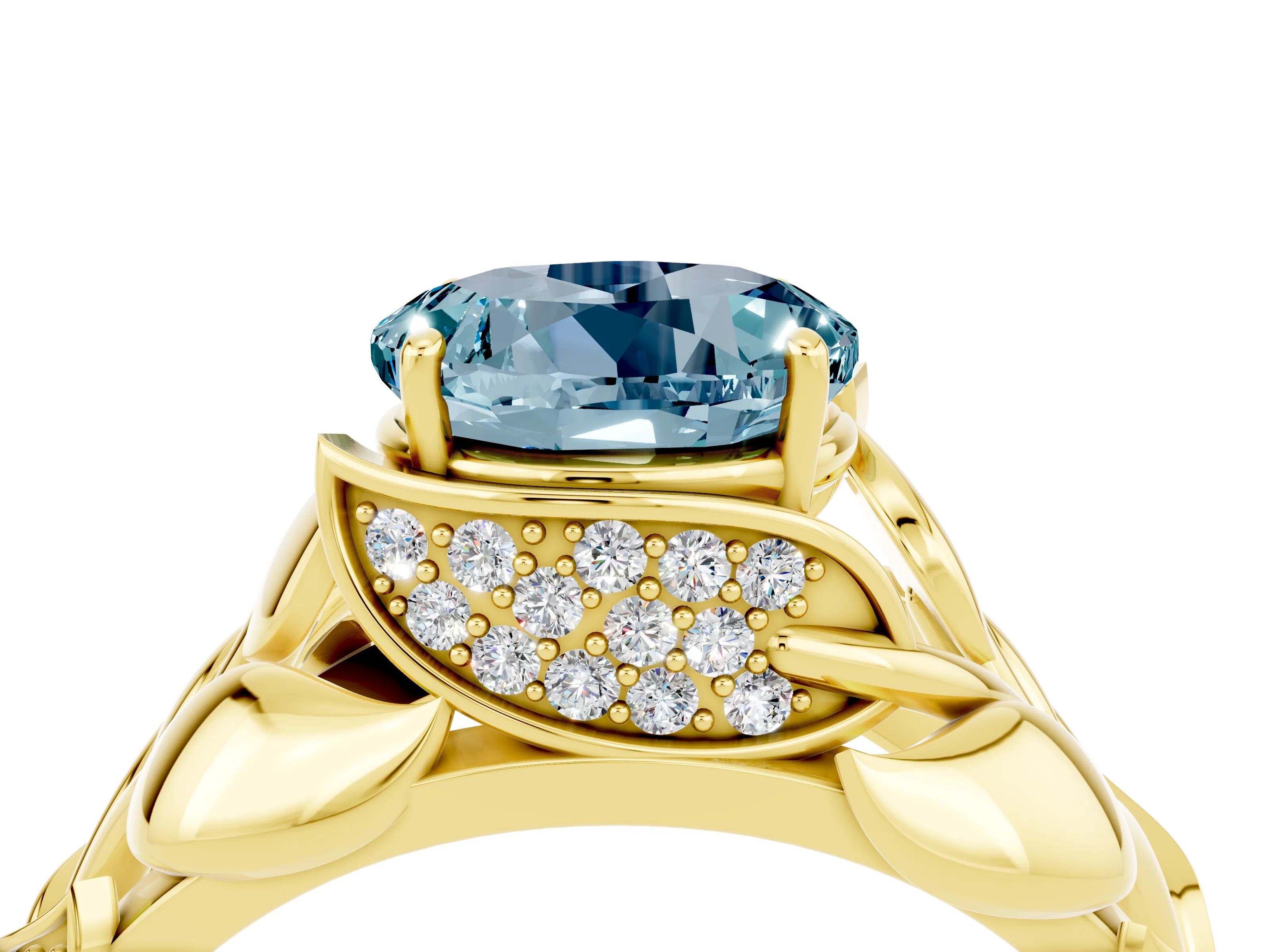 Yellow gold Round Cut Solitaire Leaf-Inspired Engagement Ring with Prong Setting_4