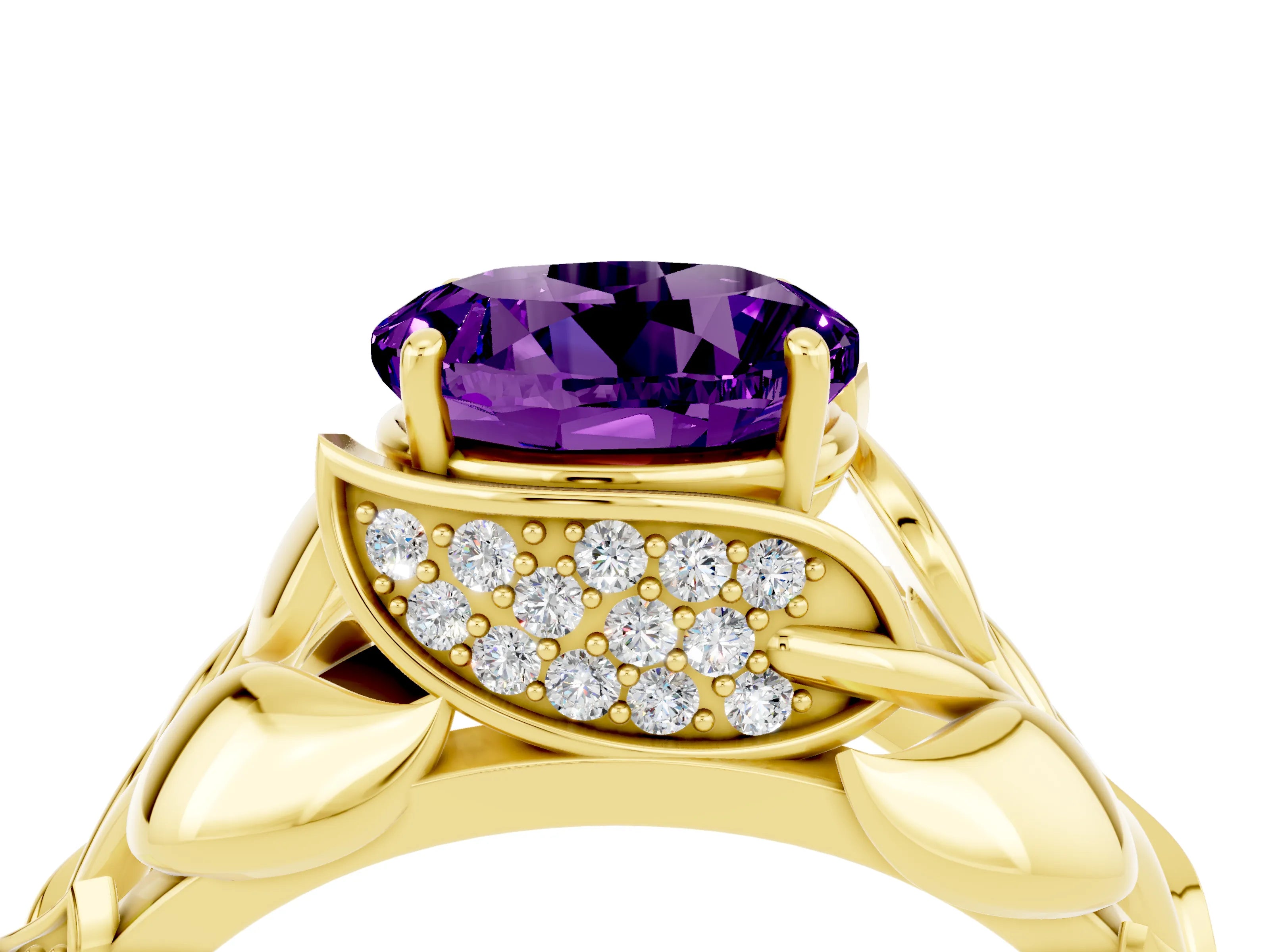 Yellow gold Round Cut Solitaire Leaf-Inspired Engagement Ring with Prong Setting_4
