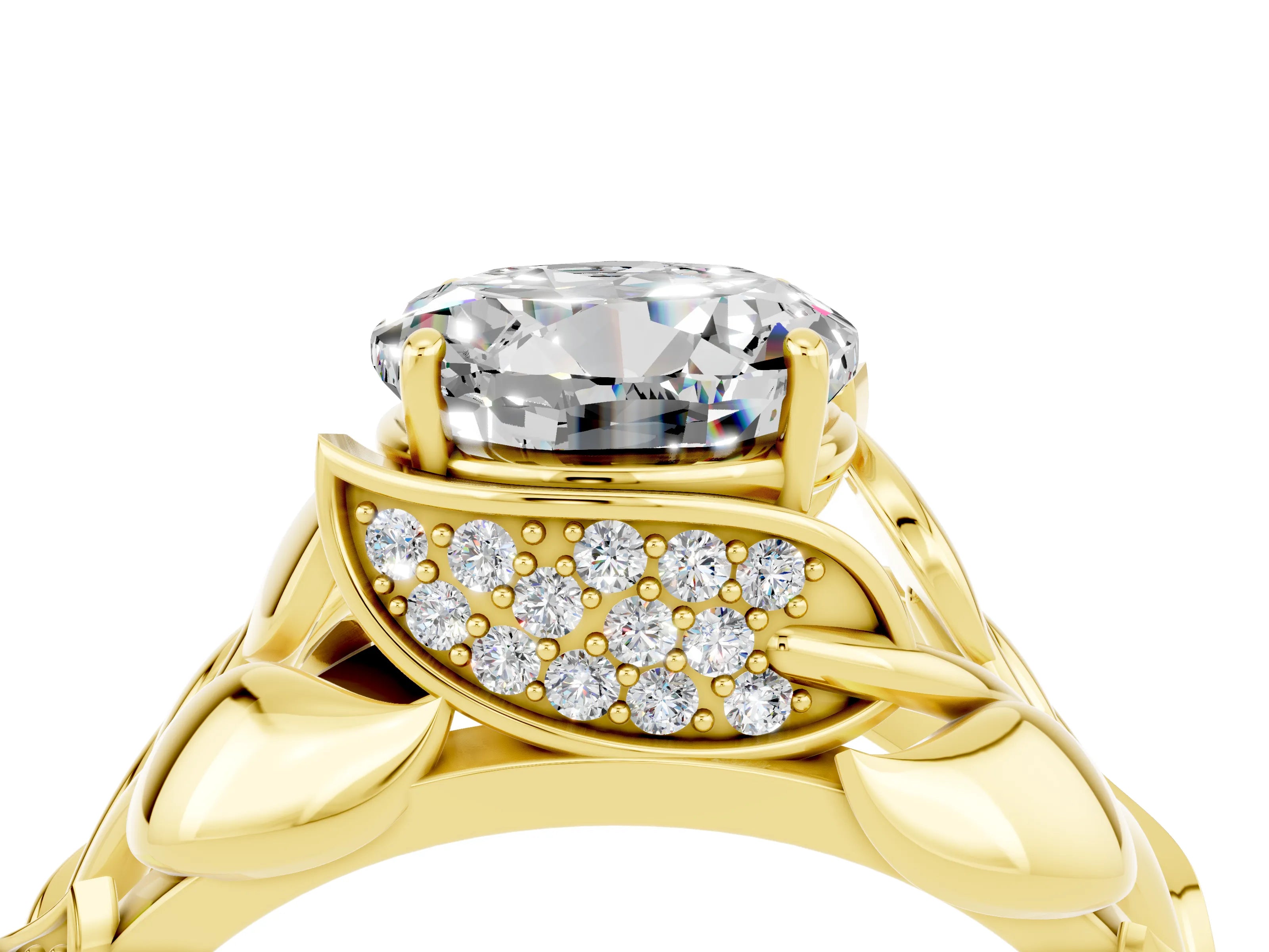 Yellow gold Round Cut Solitaire Leaf-Inspired Engagement Ring with Prong Setting_4