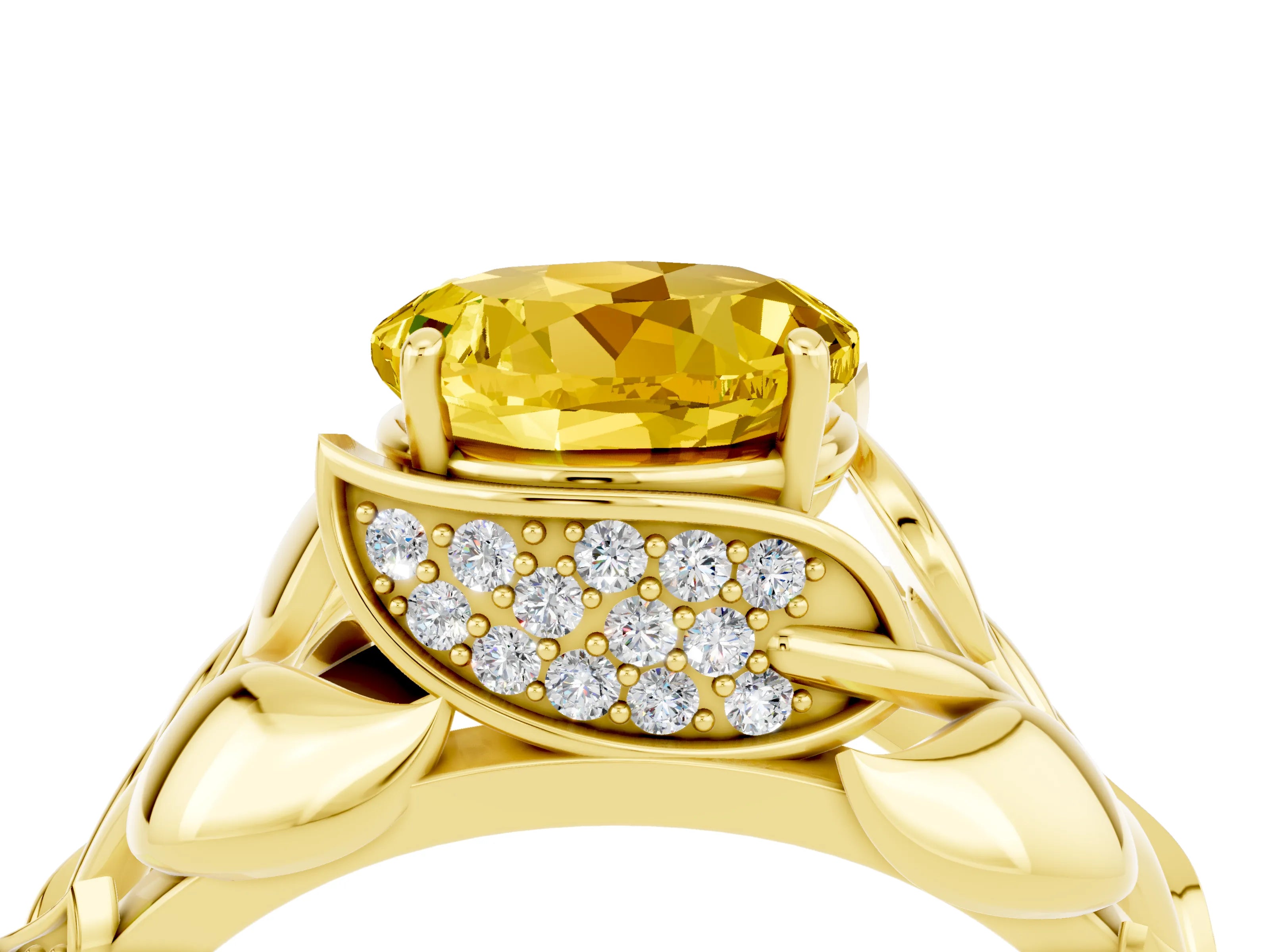 Yellow gold Round Cut Solitaire Leaf-Inspired Engagement Ring with Prong Setting_4