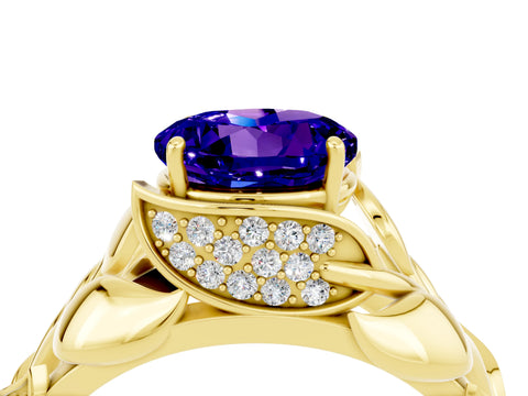 Yellow gold Round Cut Solitaire Leaf-Inspired Engagement Ring with Prong Setting_4