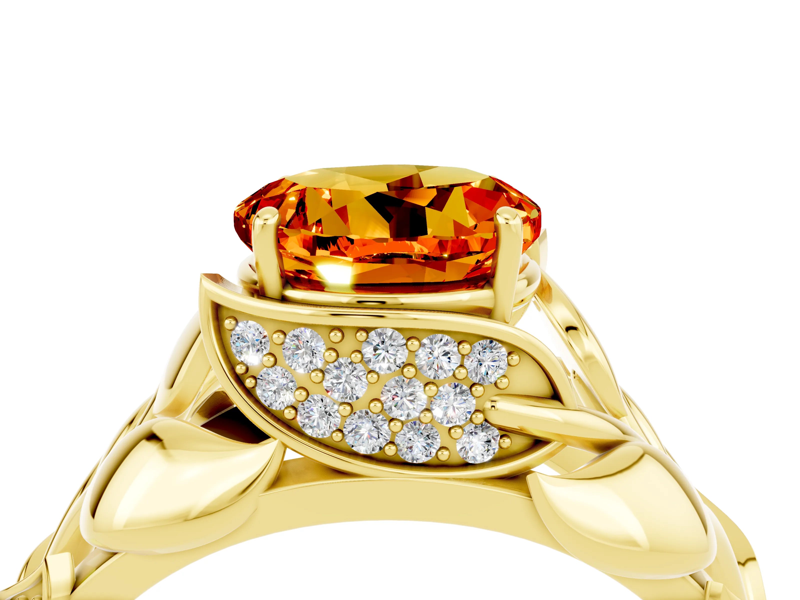 Yellow gold Round Cut Solitaire Leaf-Inspired Engagement Ring with Prong Setting_4