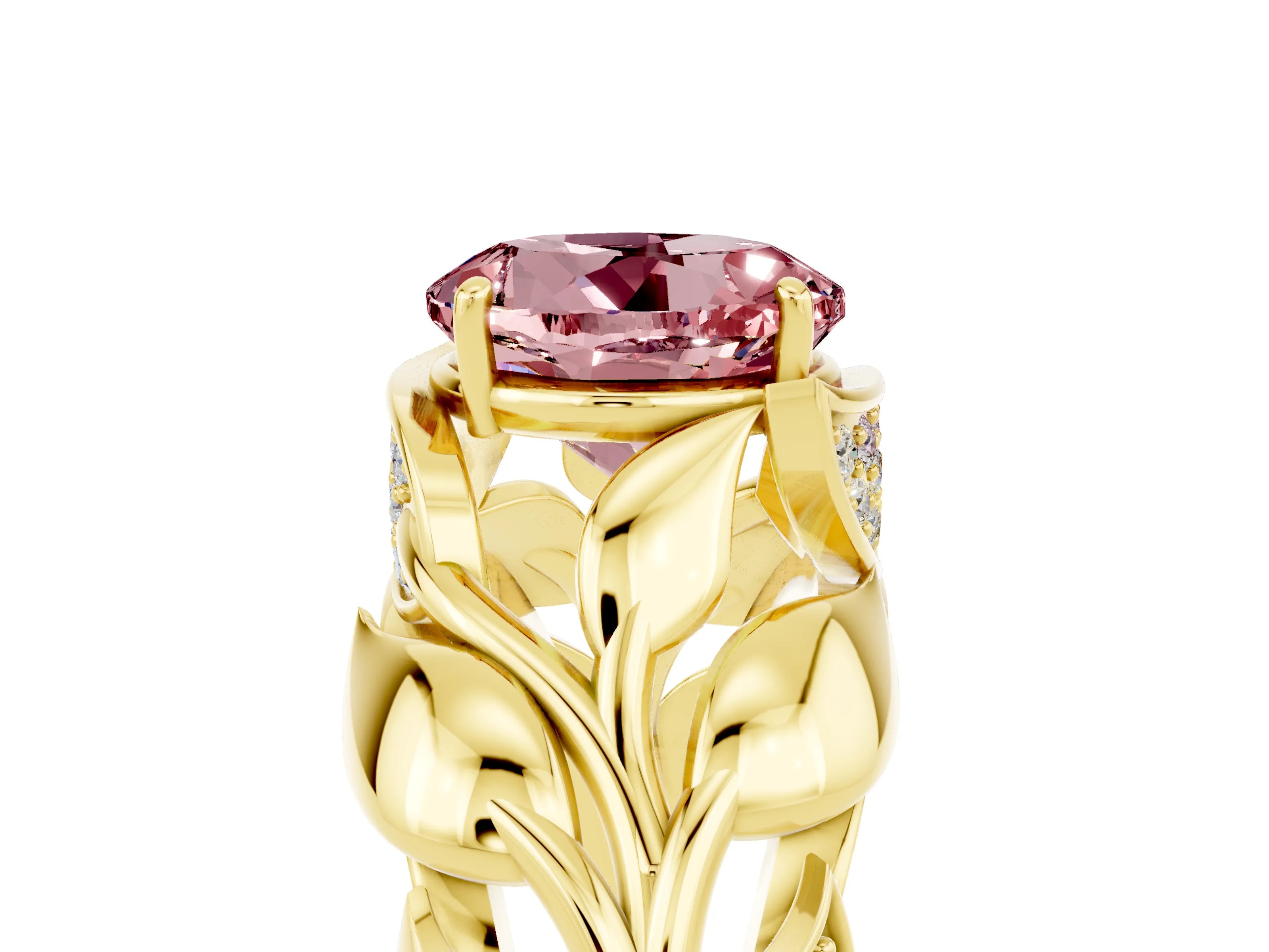 Yellow gold Round Cut Solitaire Leaf-Inspired Engagement Ring with Prong Setting_5