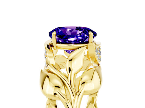Yellow gold Round Cut Solitaire Leaf-Inspired Engagement Ring with Prong Setting_5