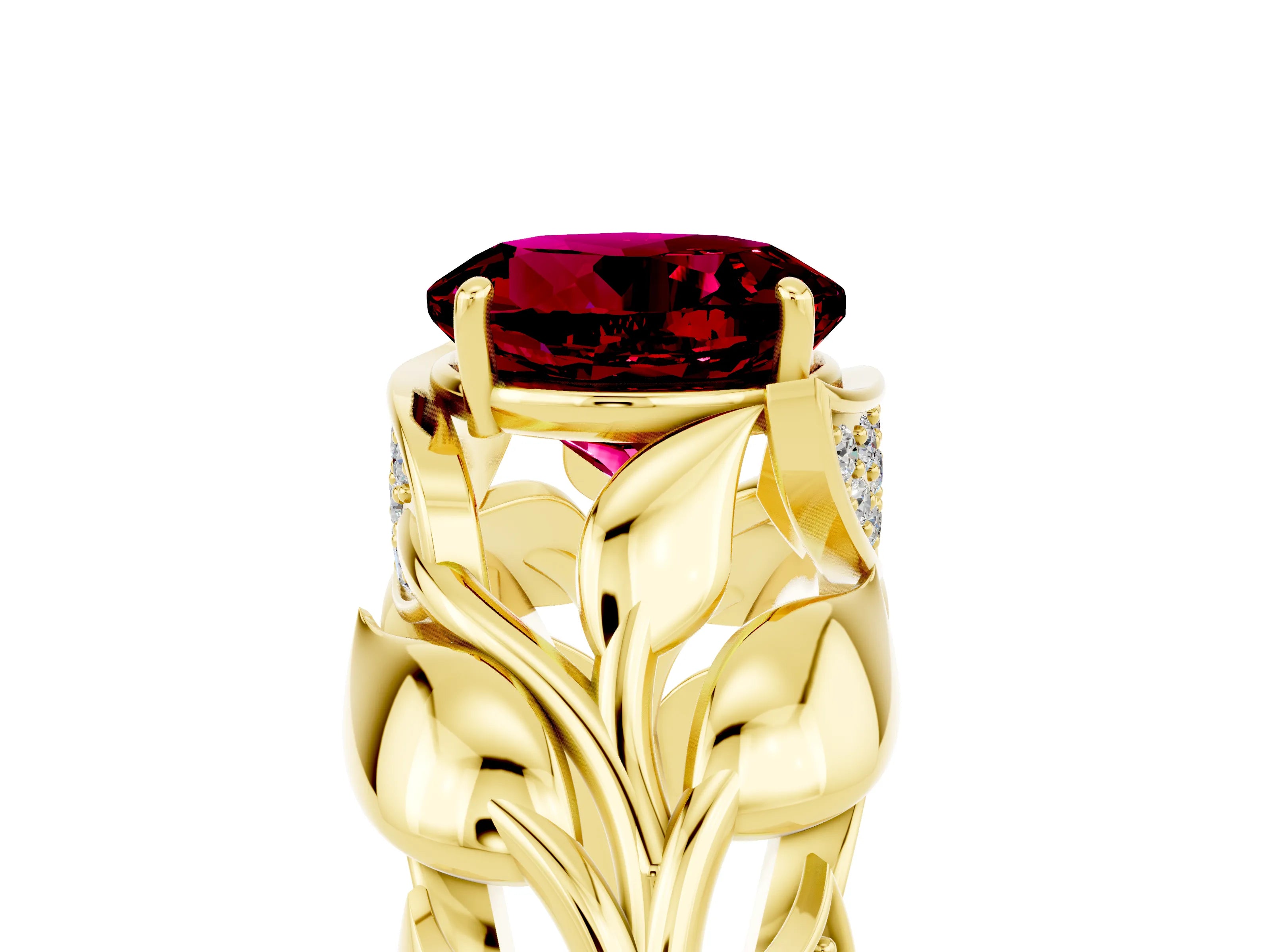 Yellow gold Round Cut Solitaire Leaf-Inspired Engagement Ring with Prong Setting_5