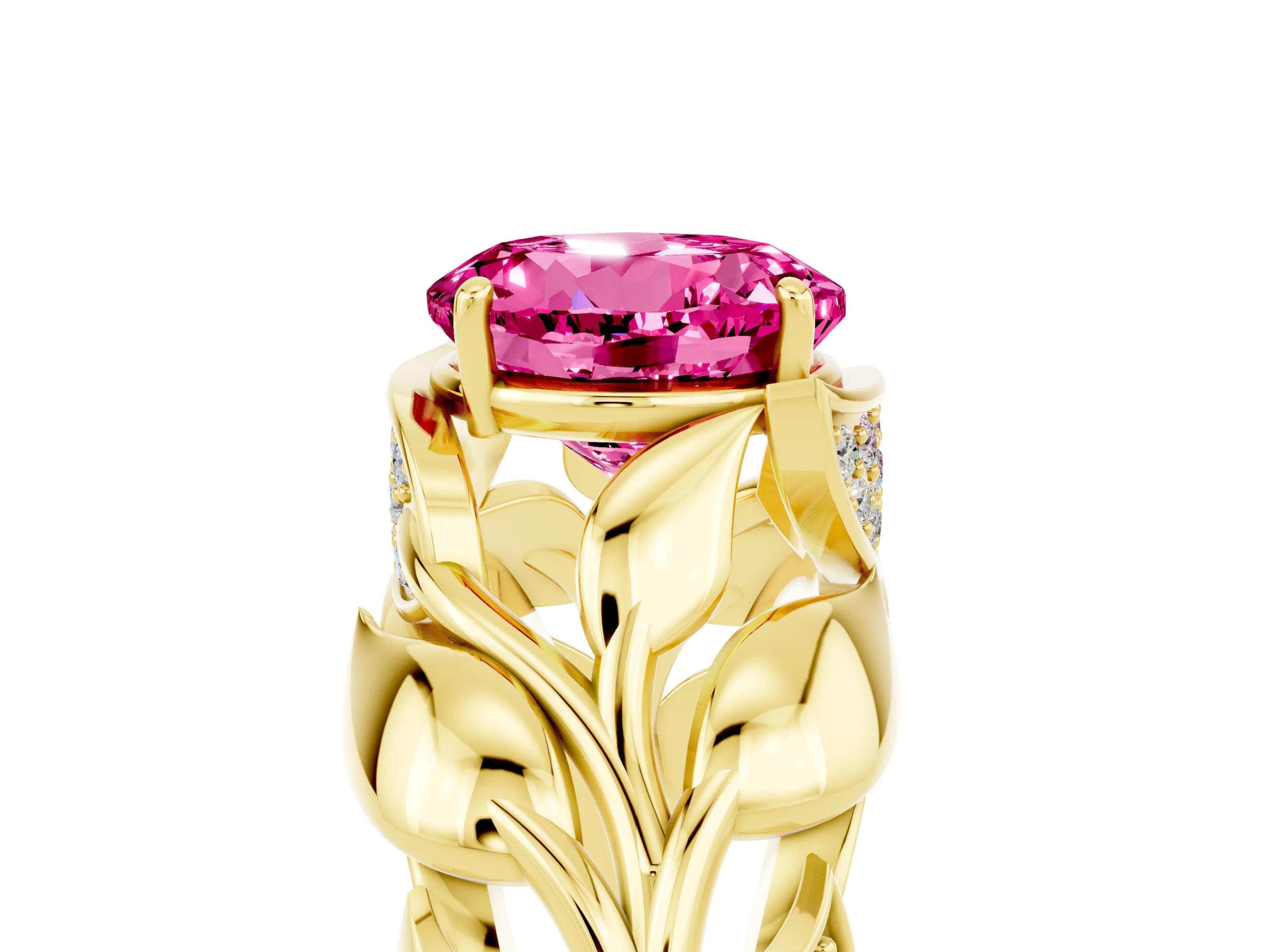 Yellow gold Round Cut Solitaire Leaf-Inspired Engagement Ring with Prong Setting_5