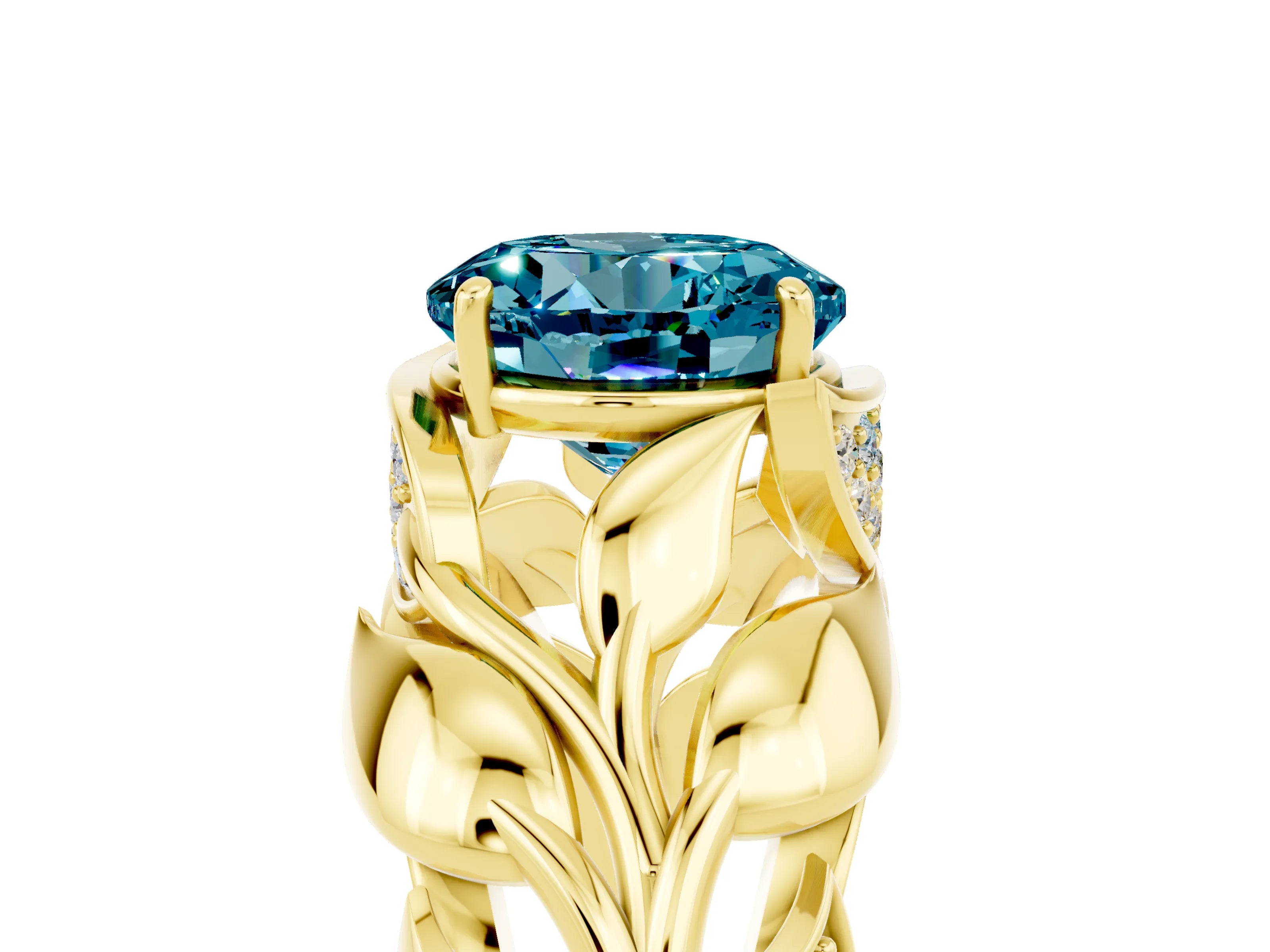 Yellow gold Round Cut Solitaire Leaf-Inspired Engagement Ring with Prong Setting_5
