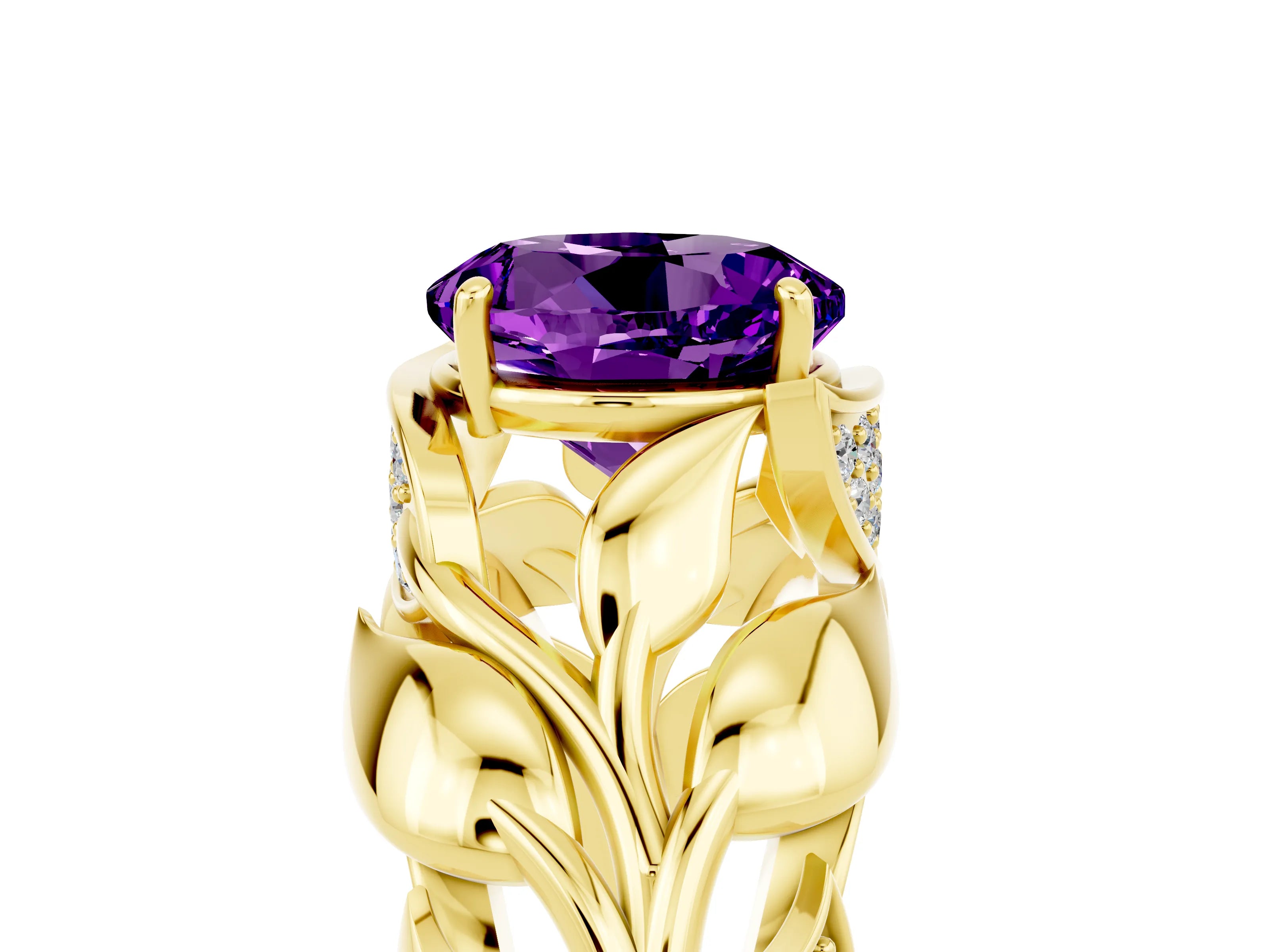 Yellow gold Round Cut Solitaire Leaf-Inspired Engagement Ring with Prong Setting_5