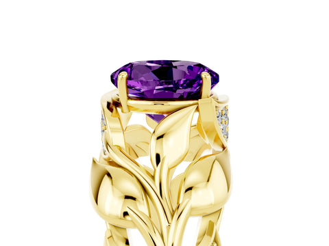 Yellow gold Round Cut Solitaire Leaf-Inspired Engagement Ring with Prong Setting_5
