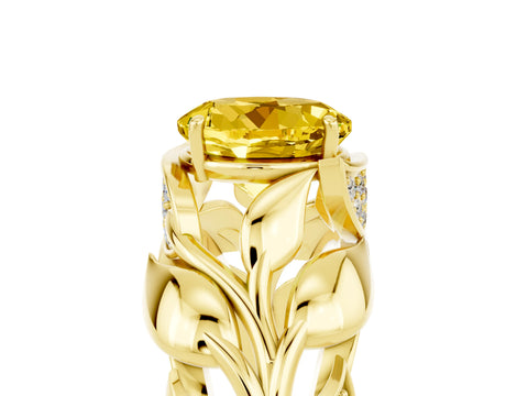 Yellow gold Round Cut Solitaire Leaf-Inspired Engagement Ring with Prong Setting_5