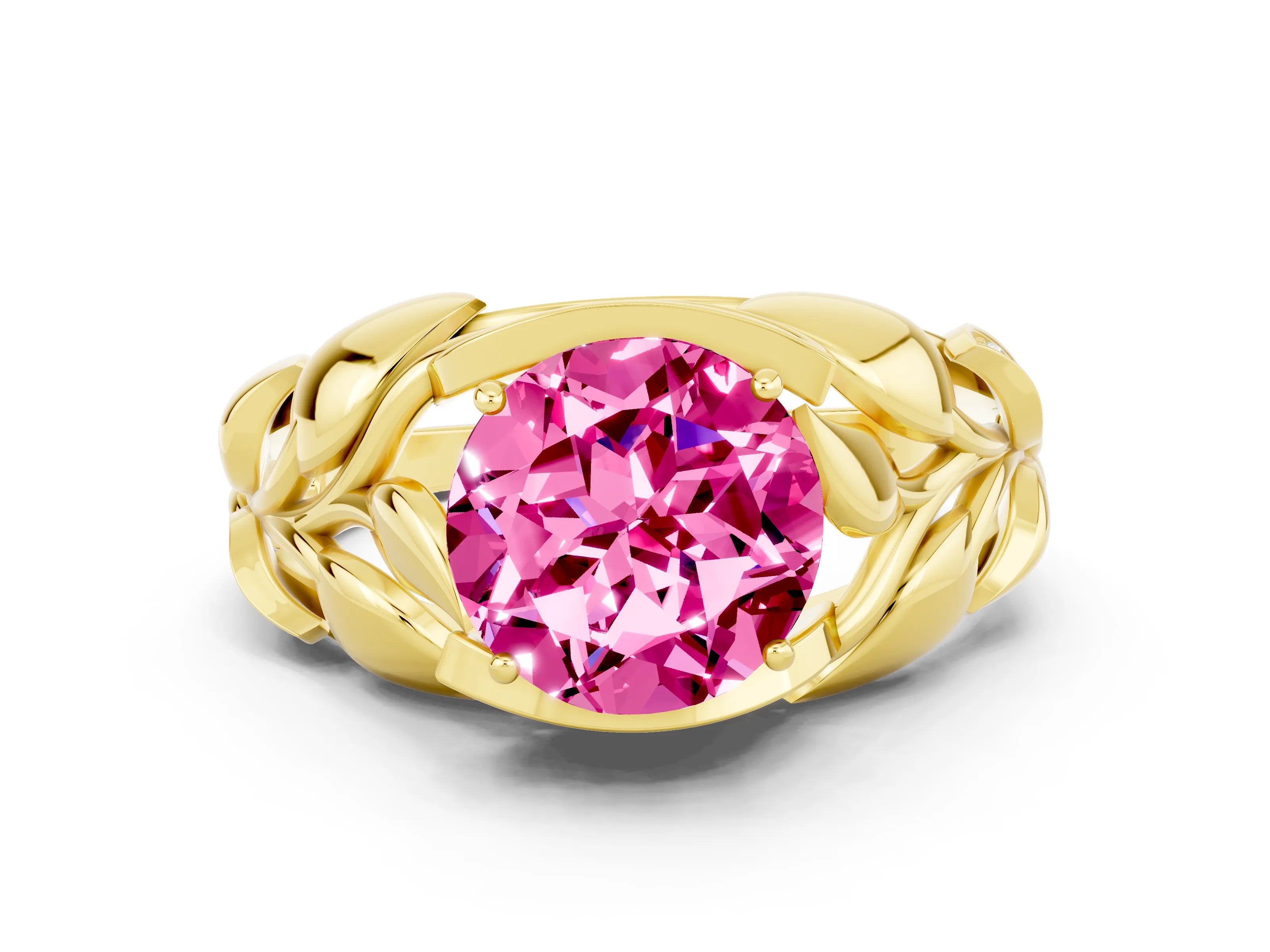 Yellow gold Round Cut Solitaire Leaf-Inspired Engagement Ring with Prong Setting
