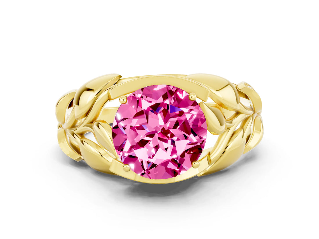 Yellow gold Round Cut Solitaire Leaf-Inspired Engagement Ring with Prong Setting