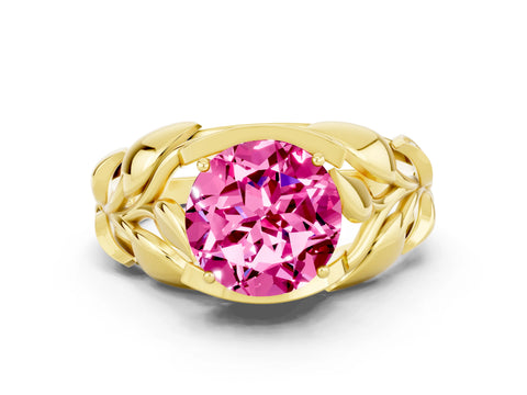 Yellow gold Round Cut Solitaire Leaf-Inspired Engagement Ring with Prong Setting