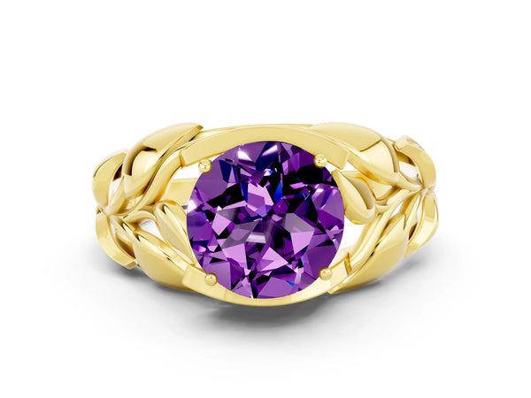 Yellow gold Round Cut Amethyst Leaf-Inspired Engagement Ring with Round Accents and Prong Setting
