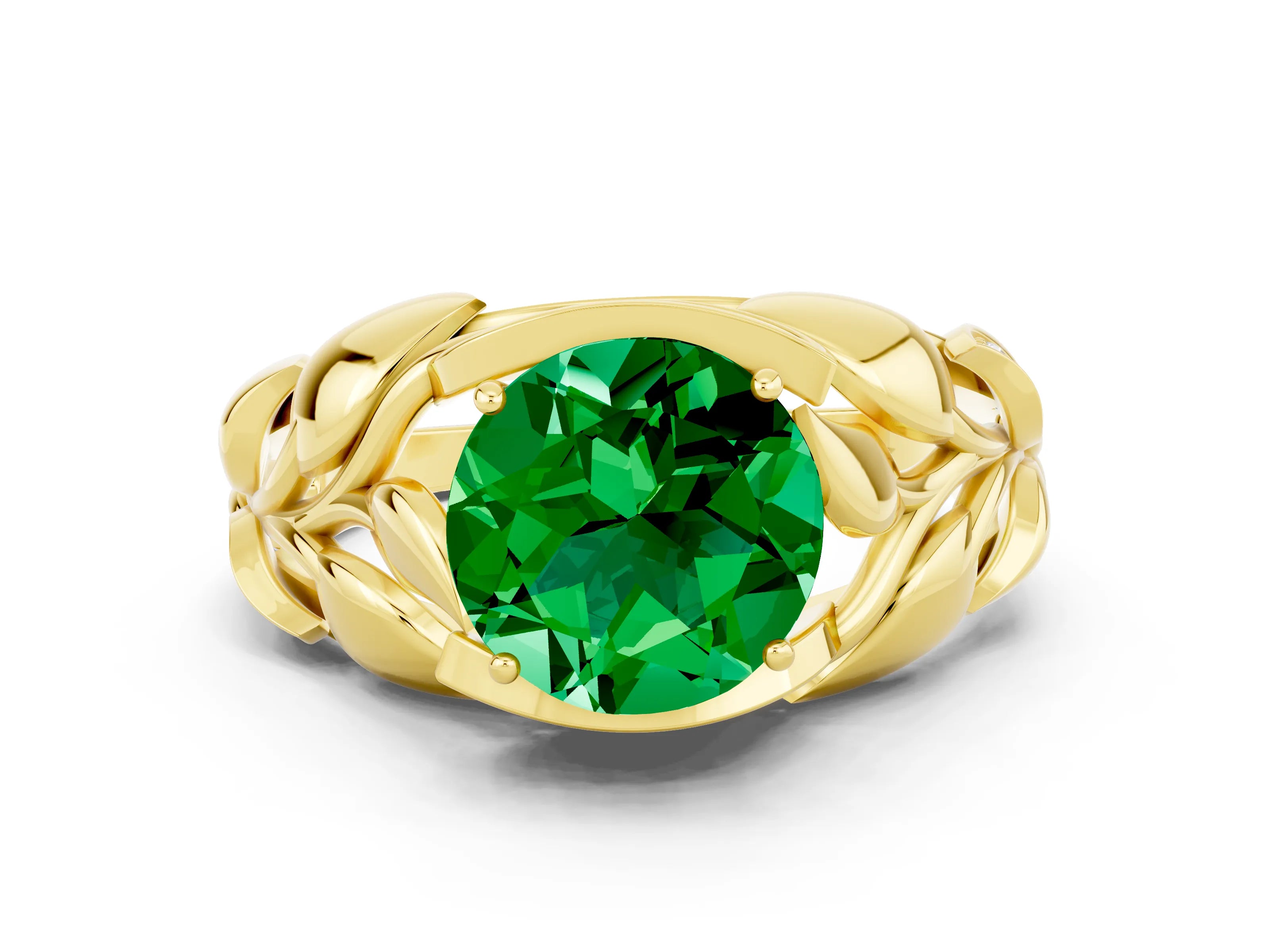 Yellow gold Round Cut Solitaire Leaf-Inspired Engagement Ring with Prong Setting