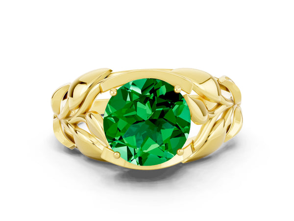 Yellow gold Round Cut Emerald Leaf-Inspired Engagement Ring with Round Accents and Prong Setting
