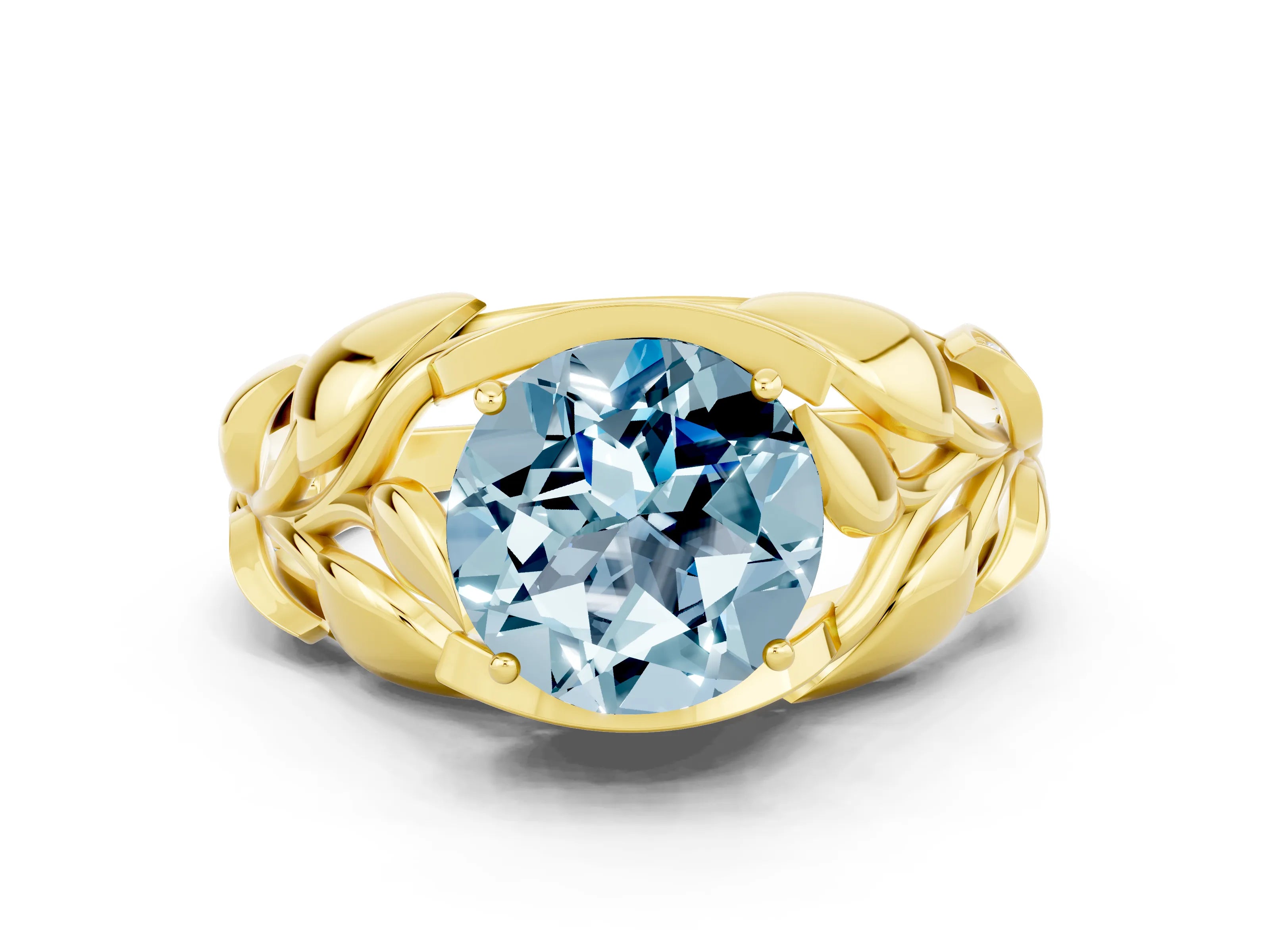 Yellow gold Round Cut Solitaire Leaf-Inspired Engagement Ring with Prong Setting