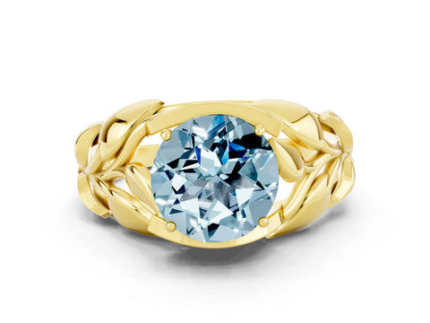 Yellow gold Round Cut Solitaire Leaf-Inspired Engagement Ring with Prong Setting