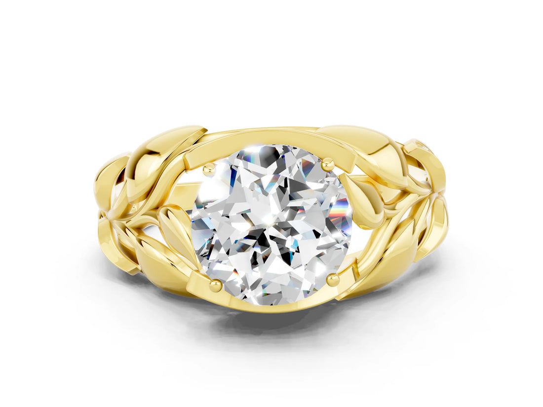 Yellow gold Round Cut Solitaire Leaf-Inspired Engagement Ring with Prong Setting