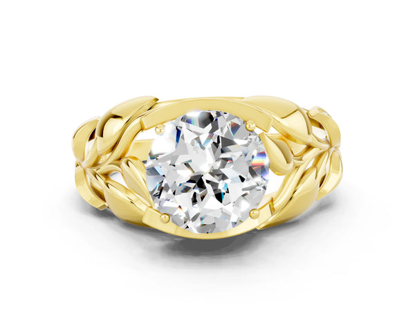 Yellow gold Round Cut Moissanite Leaf-Inspired Engagement Ring with Round Accents and Prong Setting