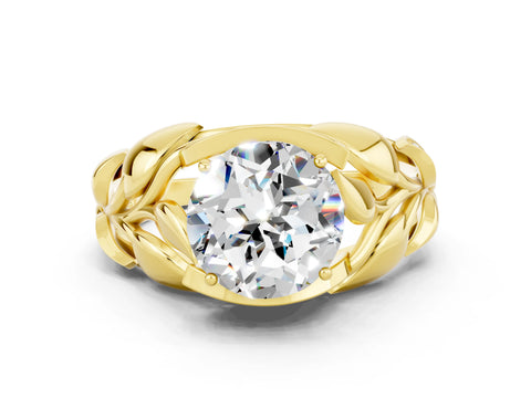 Yellow gold Round Cut Solitaire Leaf-Inspired Engagement Ring with Prong Setting