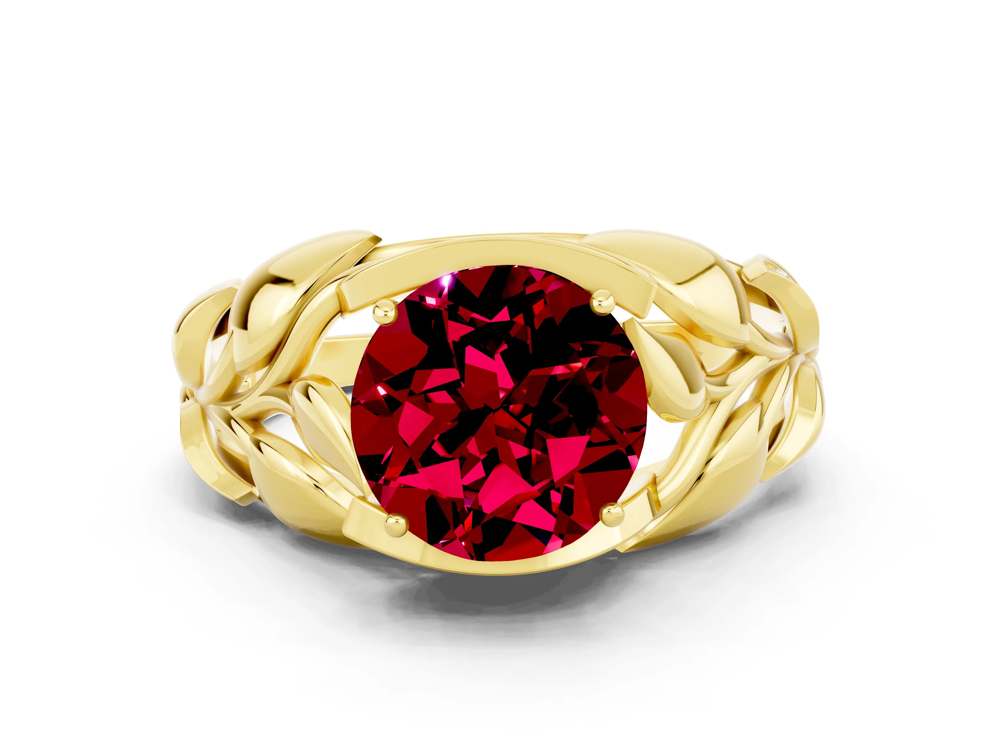 Yellow gold Round Cut Solitaire Leaf-Inspired Engagement Ring with Prong Setting