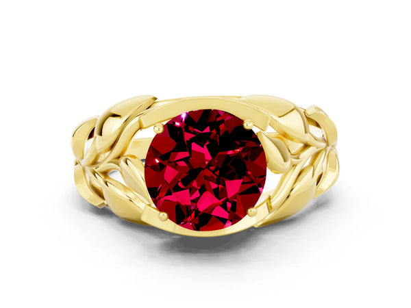 Yellow gold Round Cut Garnet Leaf-Inspired Engagement Ring with Round Accents and Prong Setting
