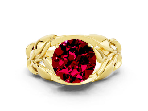Yellow gold Round Cut Solitaire Leaf-Inspired Engagement Ring with Prong Setting