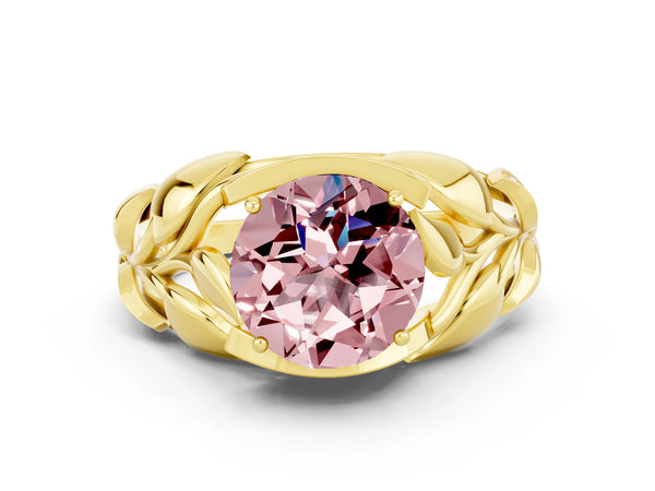 Yellow gold Round Cut Solitaire Leaf-Inspired Engagement Ring with Prong Setting