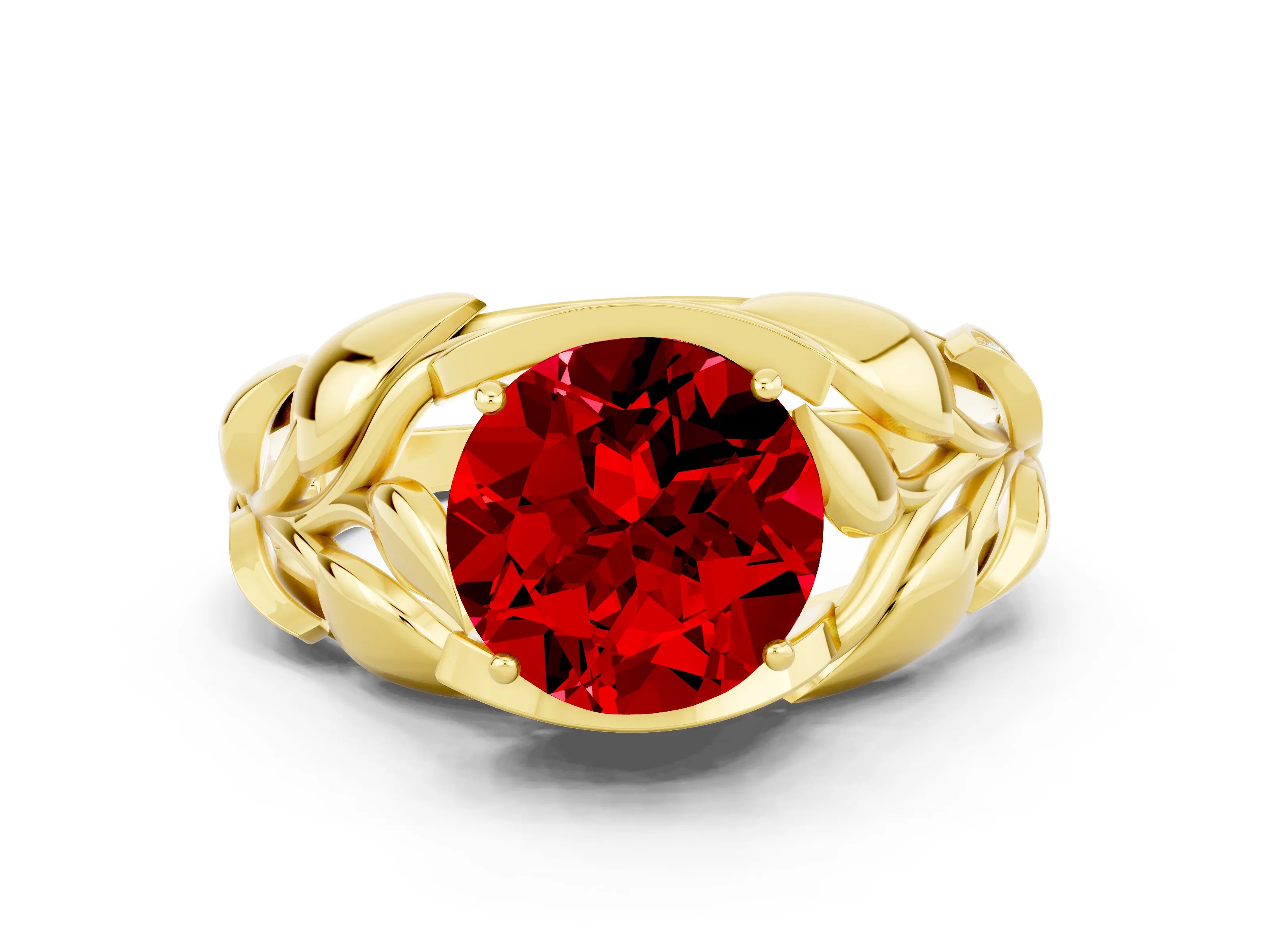 Yellow gold Round Cut Solitaire Leaf-Inspired Engagement Ring with Prong Setting