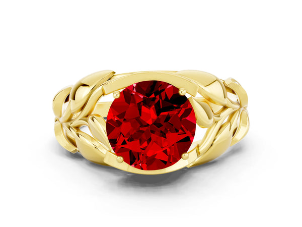 Yellow gold Round Cut Ruby Leaf-Inspired Engagement Ring with Round Accents and Prong Setting