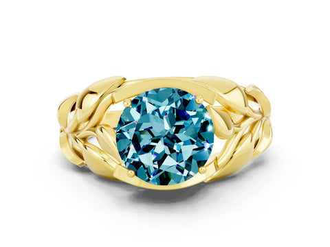 Yellow gold Round Cut Solitaire Leaf-Inspired Engagement Ring with Prong Setting