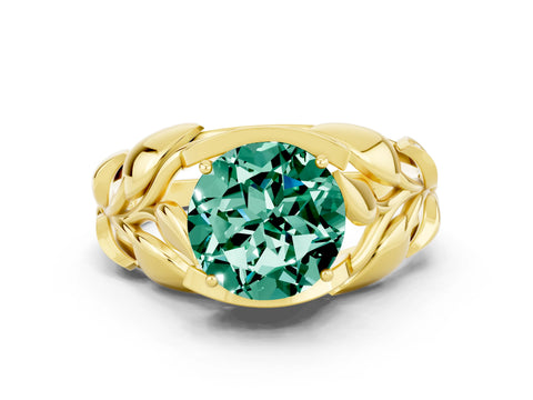 Yellow gold Round Cut Solitaire Leaf-Inspired Engagement Ring with Prong Setting