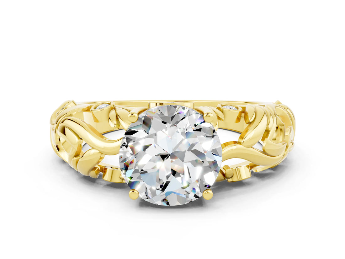 Yellow gold Round Cut Solitaire Moissanite Leaf-Inspired Vine Band Ring with Prong Setting