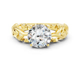 Yellow gold Round Cut Solitaire Moissanite Leaf-Inspired Vine Band Ring with Prong Setting