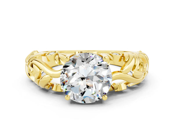 Yellow gold Round Cut Solitaire Moissanite Leaf-Inspired Vine Band Ring with Prong Setting