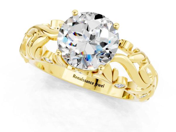 Yellow gold Round Cut Solitaire Moissanite Leaf-Inspired Vine Band Ring with Prong Setting