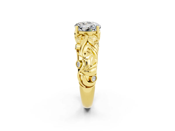 Yellow gold Round Cut Solitaire Moissanite Leaf-Inspired Vine Band Ring with Prong Setting
