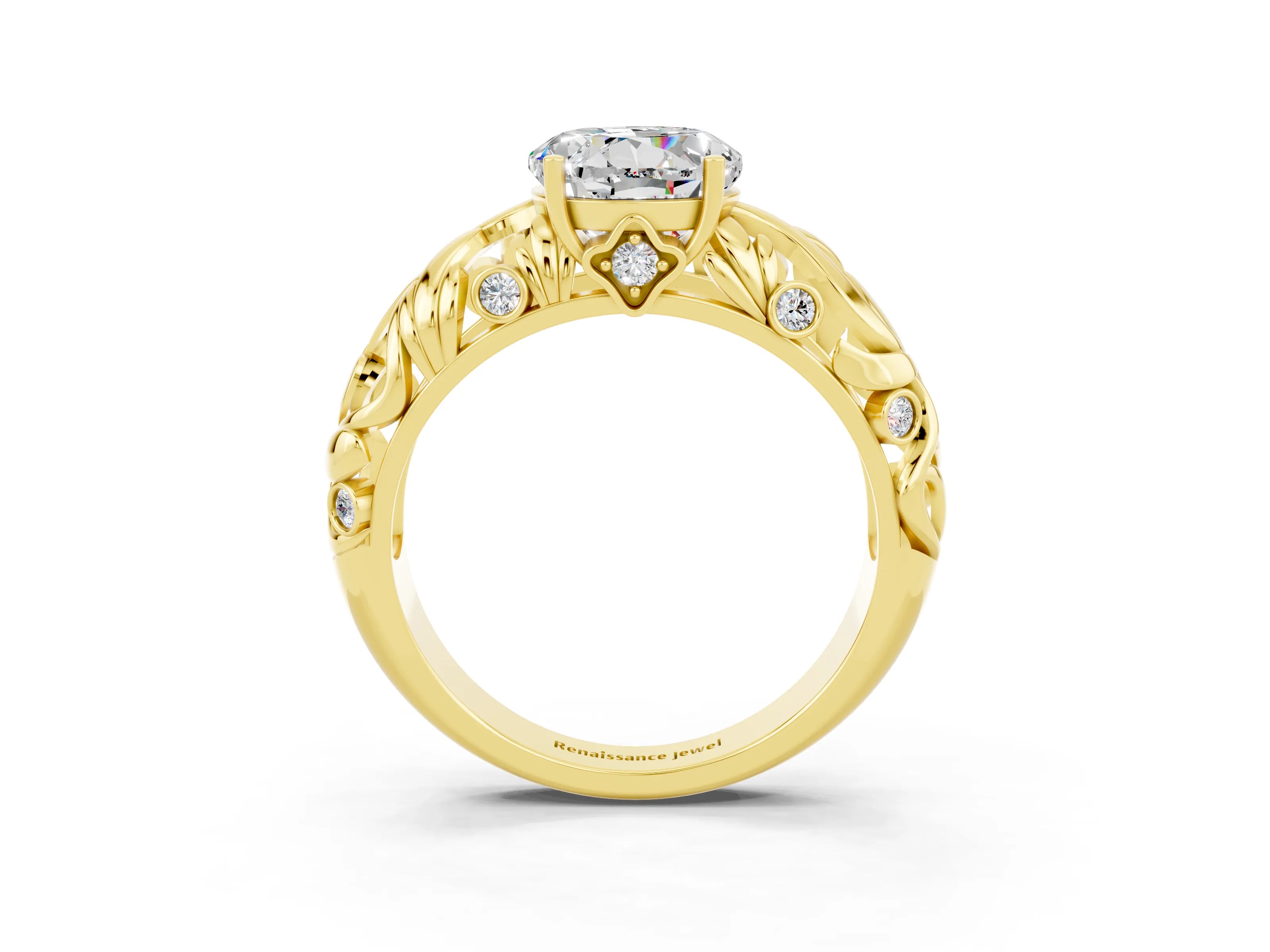 Yellow gold Round Cut Solitaire Moissanite Leaf-Inspired Vine Band Ring with Prong Setting_3