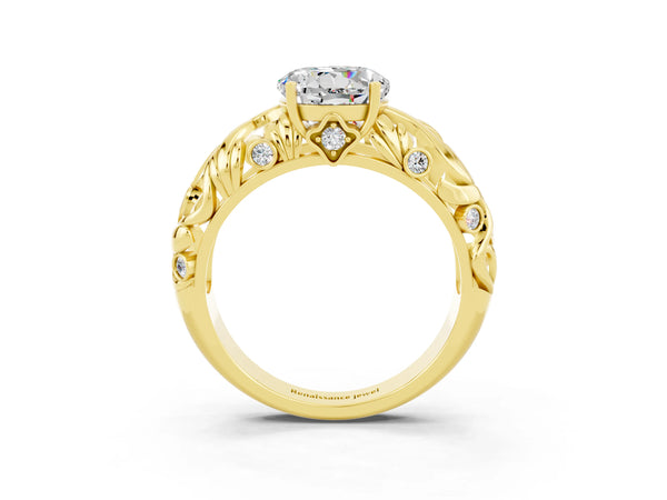 Yellow gold Round Cut Solitaire Moissanite Leaf-Inspired Vine Band Ring with Prong Setting