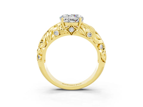 Yellow gold Round Cut Solitaire Moissanite Leaf-Inspired Vine Band Ring with Prong Setting_3