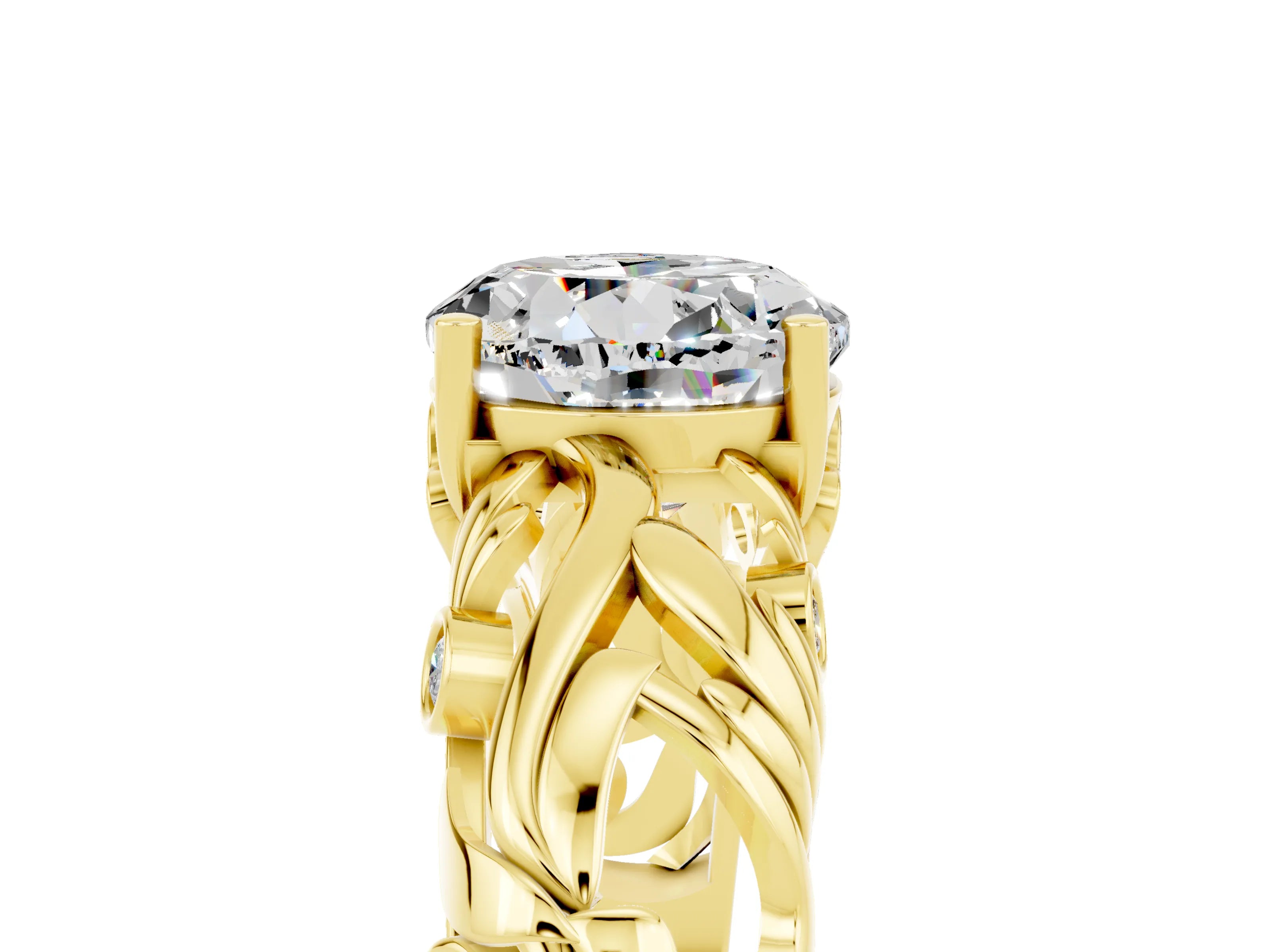 Yellow gold Round Cut Solitaire Moissanite Leaf-Inspired Vine Band Ring with Prong Setting_5