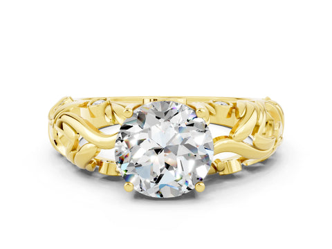 Yellow gold Round Cut Solitaire Moissanite Leaf-Inspired Vine Band Ring with Prong Setting