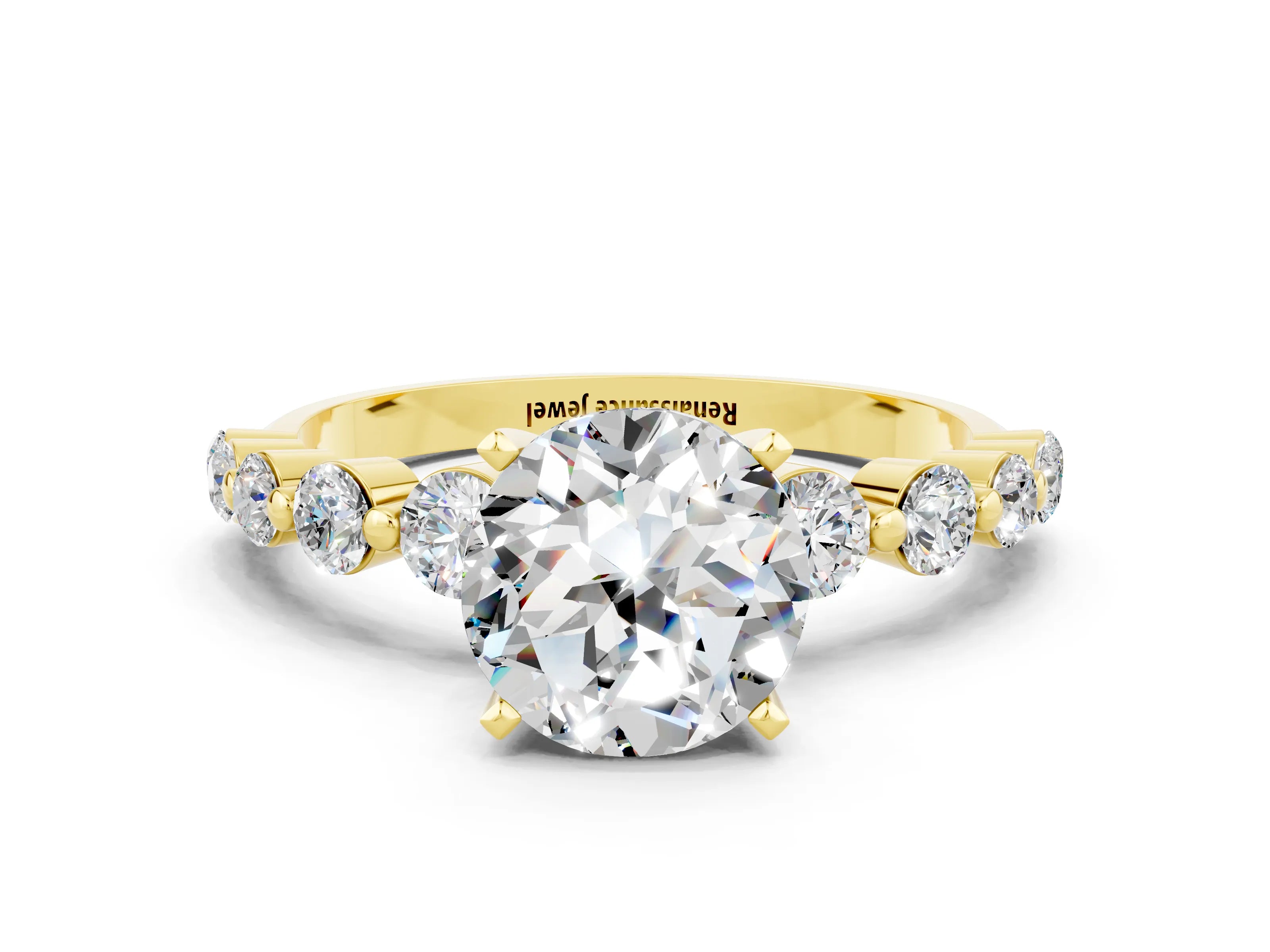Yellow gold Round Cut Solitaire Moissanite Ring with Pave Band and Four-Prong Setting