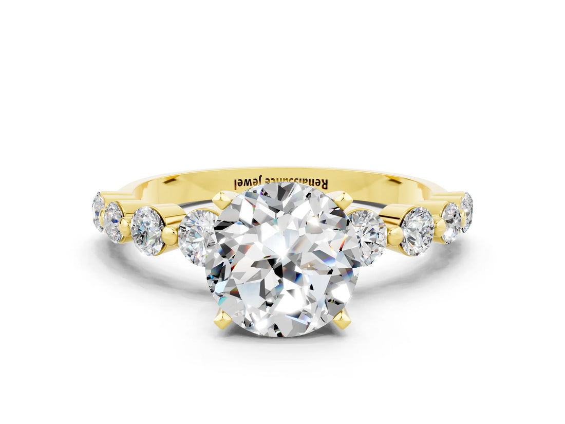 Yellow gold Round Cut Solitaire Moissanite Ring with Pave Band and Four-Prong Setting