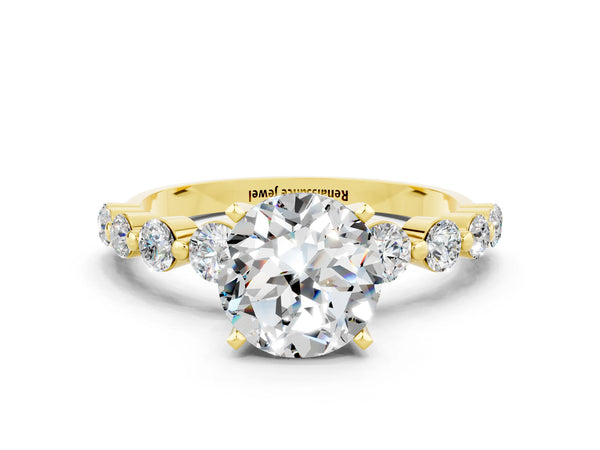 Yellow gold Round Cut Solitaire Moissanite Ring with Pave Band and Four-Prong Setting